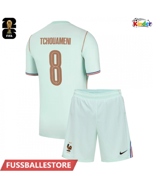 Günstige Frankreich Aurelien Tchouameni #8 Auswärts Trikotsatzt Kinder WM 2026 Kurzarm (+ Kurze Hosen)